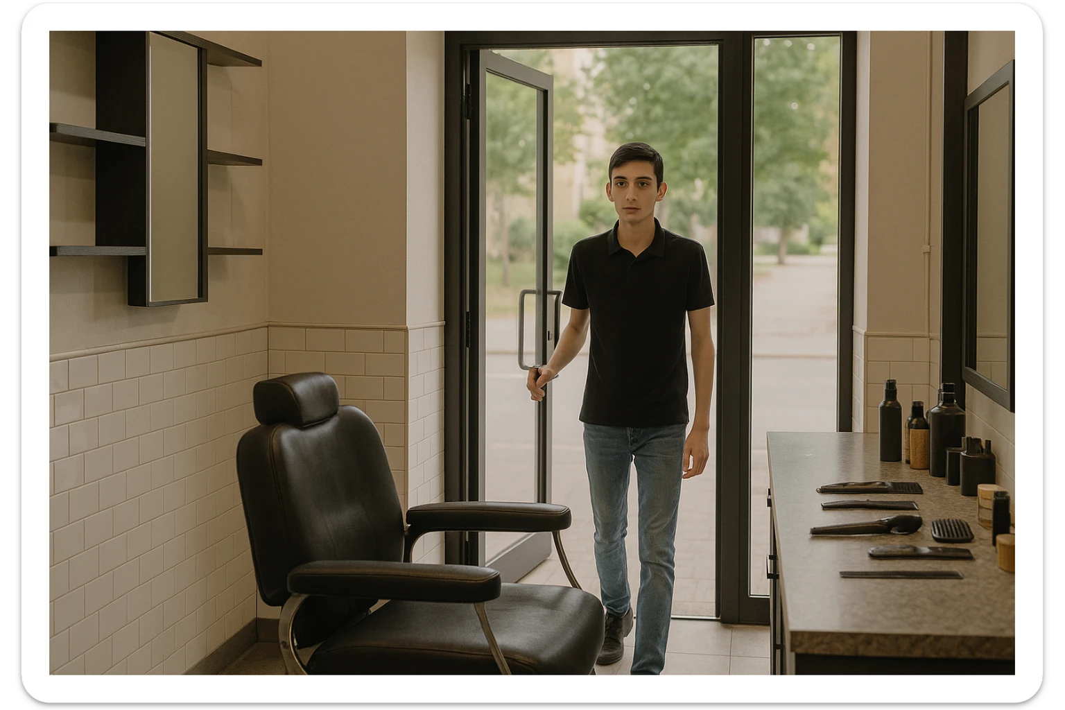 Shu odamni sartaroshxonaga kirib kelayapti  o'smirin davri rakurs ichkaridan sartaroshxona eski ham yangi ham emas bolani juda semiz qilib yuborma  u ozg'inroq bo'lsin huddi sartaroshxonani  hammadan oldin kelib ochsin sticker