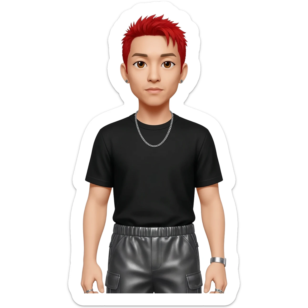 Mike Shinoda with brown eyes, red hair, black metallic t-shirt, charcoal metallic baggy pants, silver necklace sticker