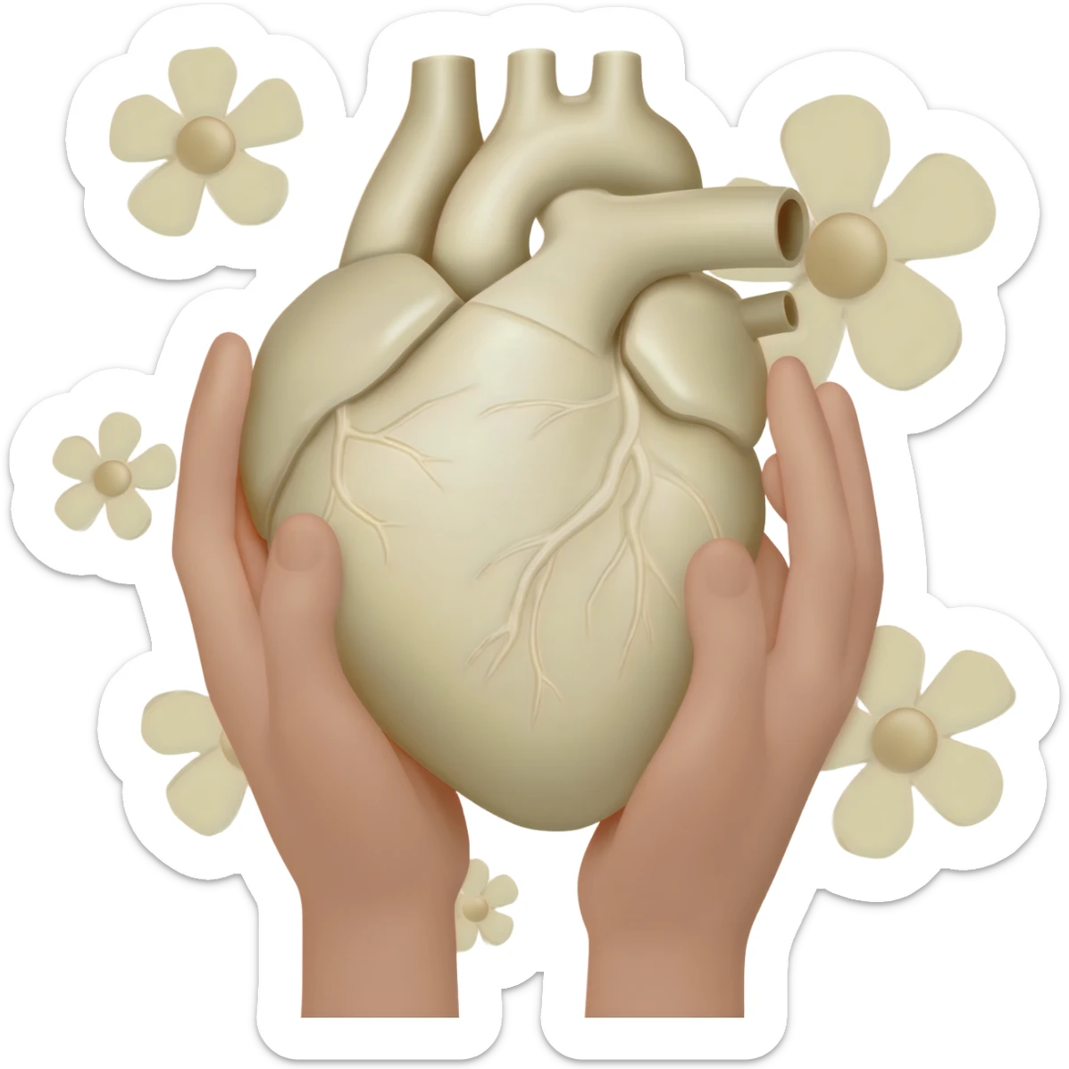Realistic hands are holding light beige human heart with beige flowers sticker