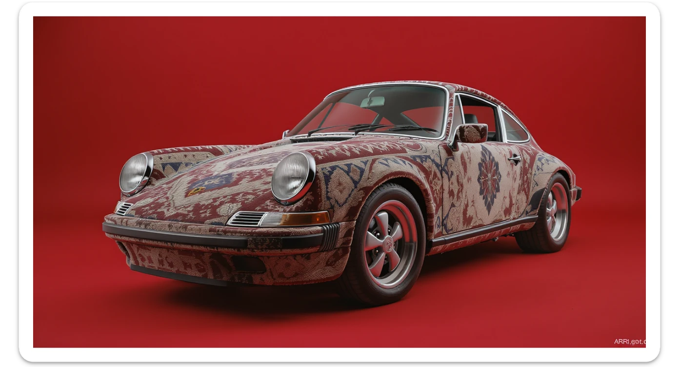Closeup shot of a porsche 911, body of car made of russian carpet with patterns, red solid studio background,top low key light, dutch angle, haze, captured by ARRI 65 sticker