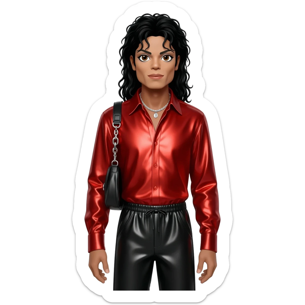 Michael Jackson with brown eyes, long black hair, red metallic shirt, black metallic baggy pants, silver necklace sticker