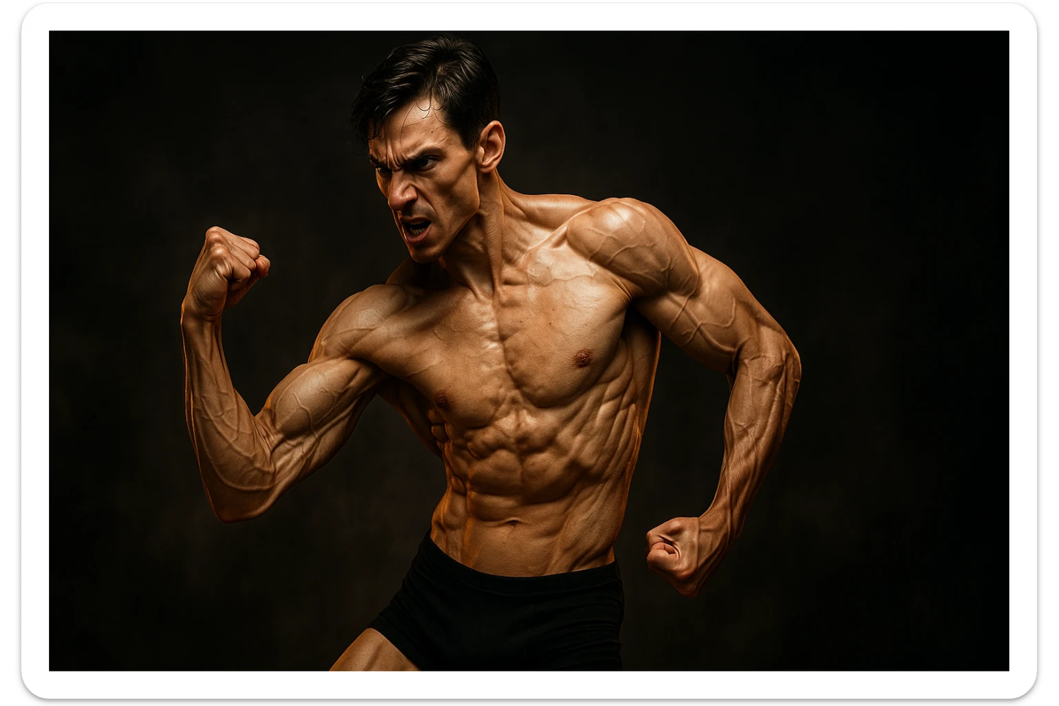 bodybuilding è lo sport simbolico della vemenza, forza, potenza, estetica, iperrealistico cinematografico 4k, l'uomo non farlo troppo tozzo, ma muscolo e slim sticker