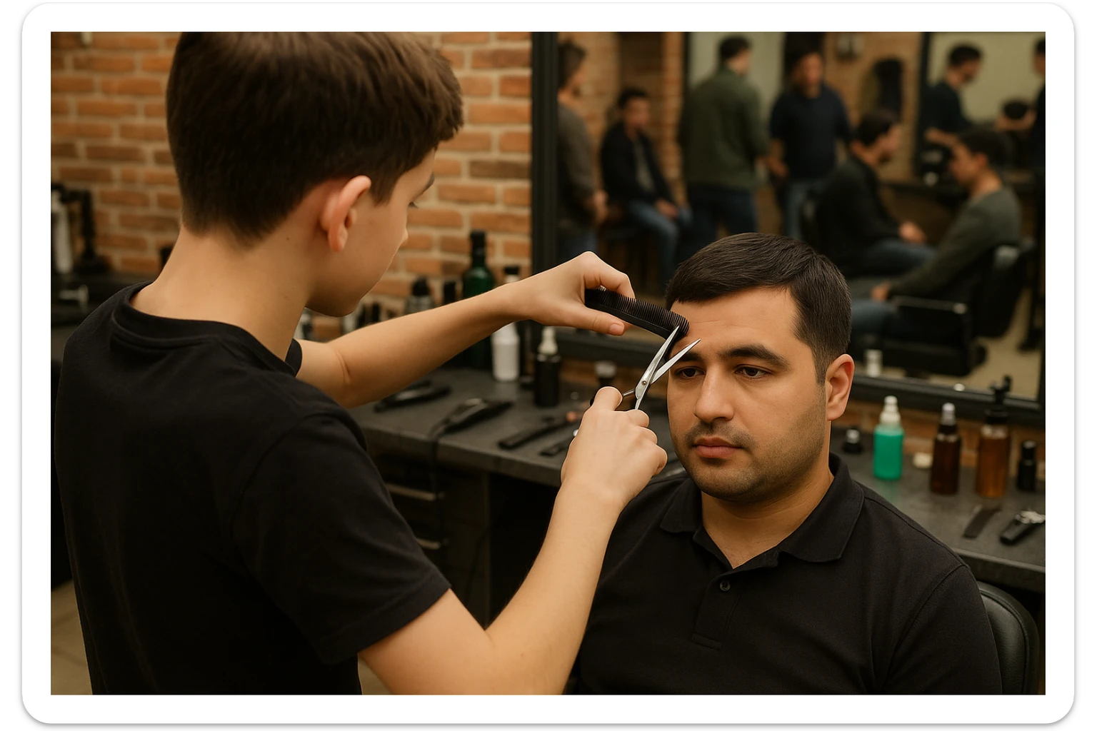 yuzi ko'rinmasin sartaroshxonada ishlayotganini tasvirlab ber mijozlarni sochini olayotganini o'smirin davrini sticker