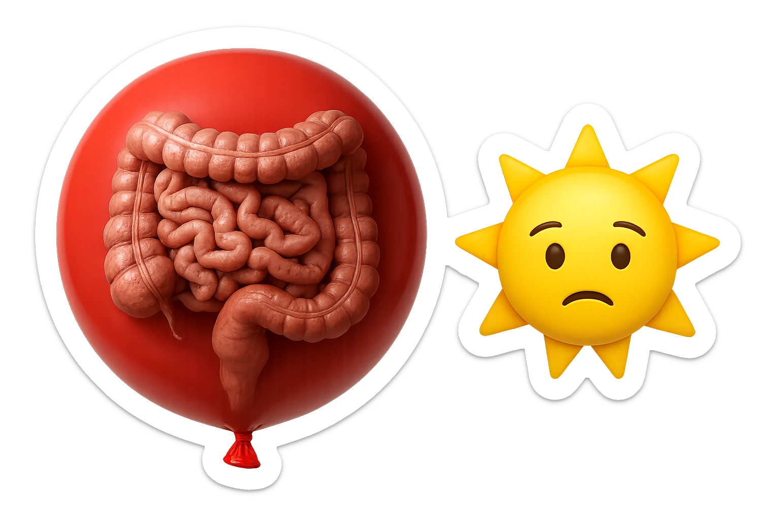 intestino umano anatomico chiuso in un palloncino rosso che simboleggia gonfiore, accanto un simbolo di sole stile emoji iphone che simboleggia "gonfiori di mattina", iperrealistico 4k sticker