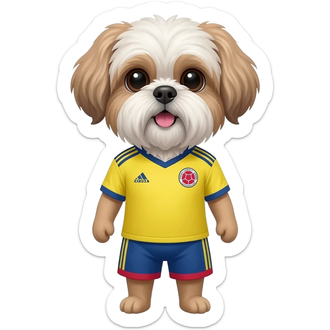 white and light brown shih zhu wearing a colombia soccer jersey v neck 2026 work cup sticker