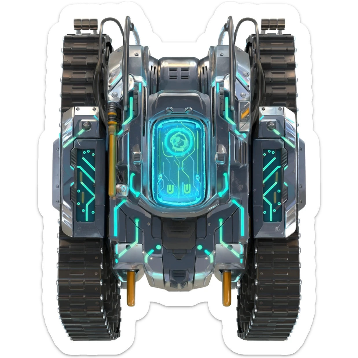 A top down view of a robot with tank tracks, in a cyber punk futuristic style far beyond what is currently available today, from the year 3000, the camera needs to be directly above the robot looking down sticker