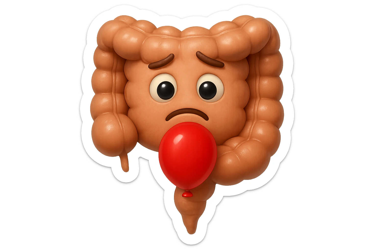 EMOJI STILE IPHONE DI un intestino triste con palloncino rosso sulla pancia, IPERREALISTICO 4K sticker