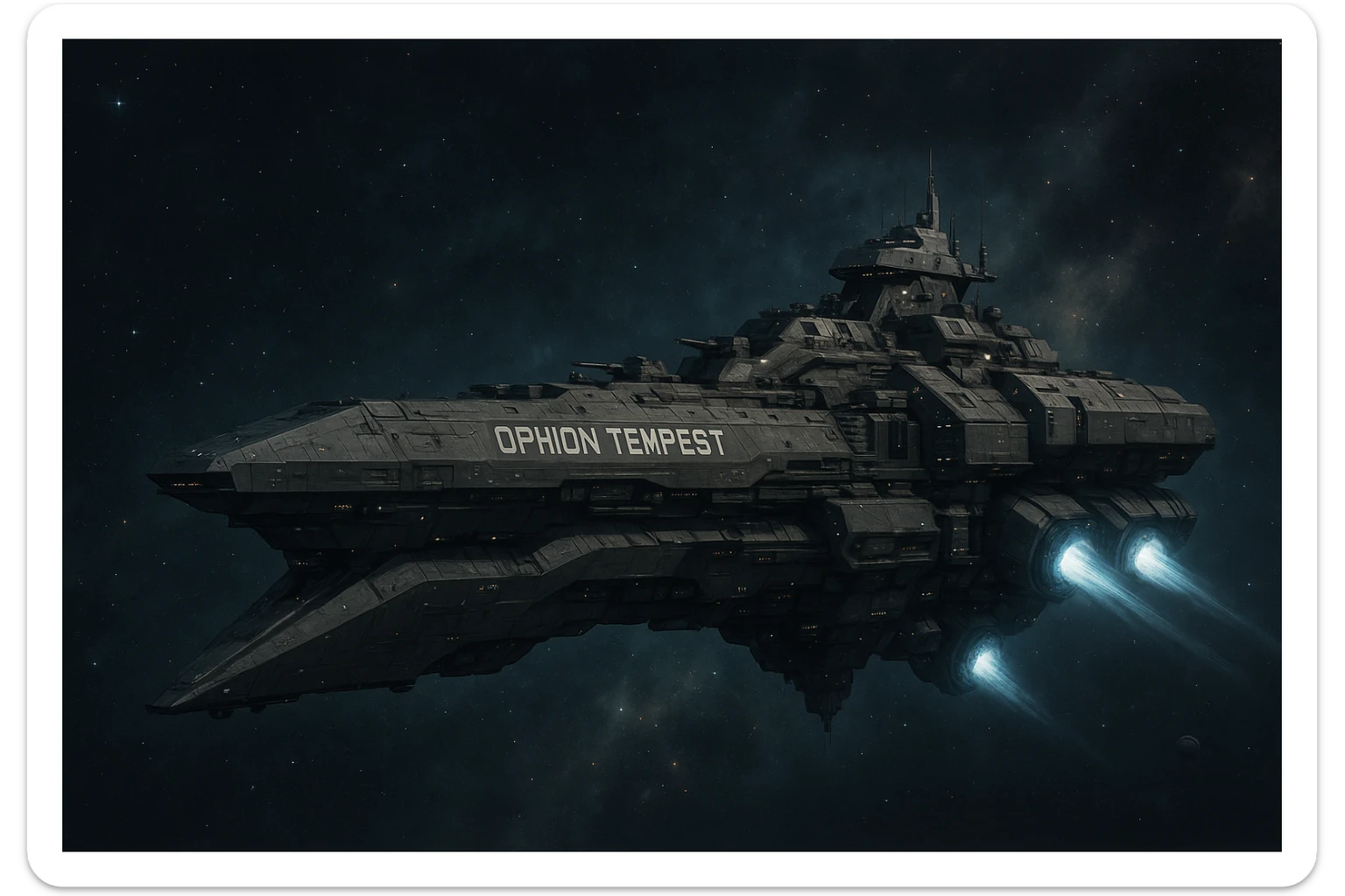 capital class space cruiser supercarrier of Zrian [human] origins, named the "Ophion Tempest" sticker