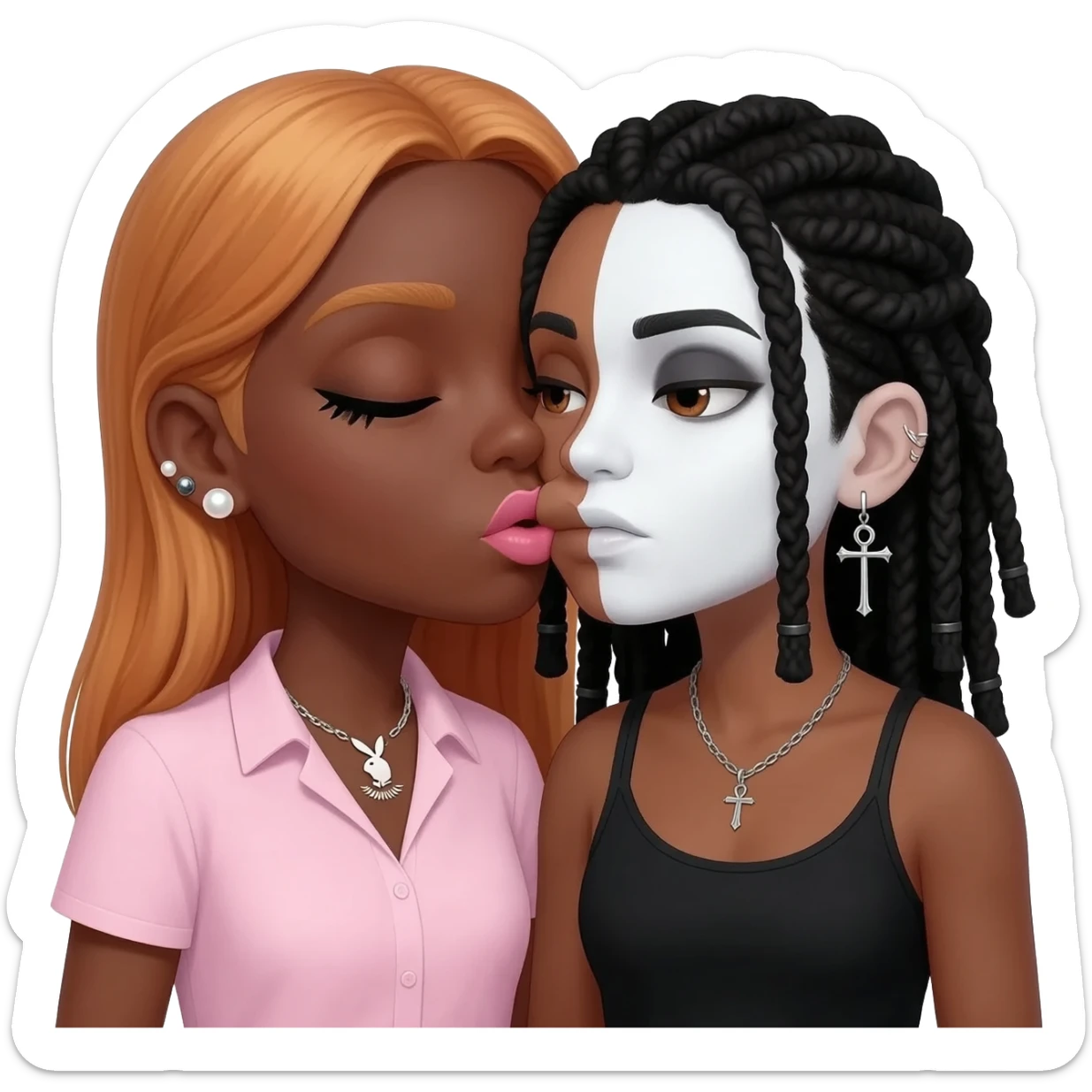 (Bimbo, pearl earrings stud, Light pink cute lips, long middle part with long light ginger hair, dark brown skin, playboy necklace with lashes, light pink shirt, kissing the goth black girl with brown skin, cross earrings, ankh necklace with black dreadlocks with white paint on face sticker