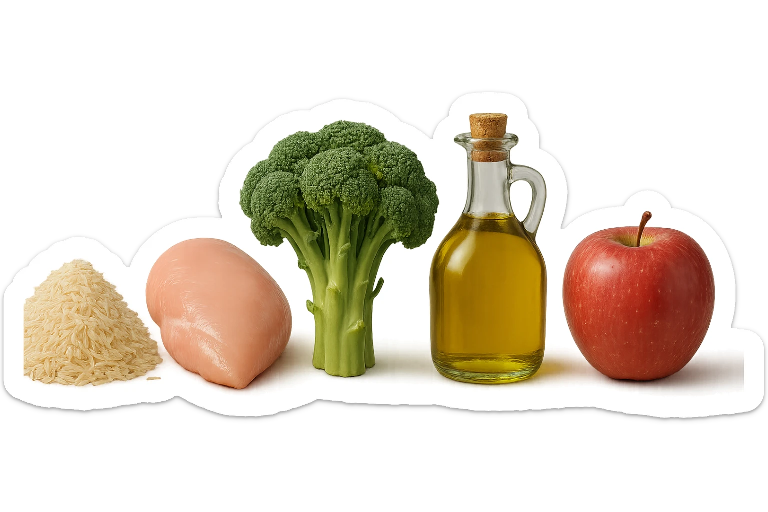 Riso basmati
Petto di pollo
Verdura fibrosa verde
Olio EVO
Mela
vista frontale, iperrealistico 4k sticker