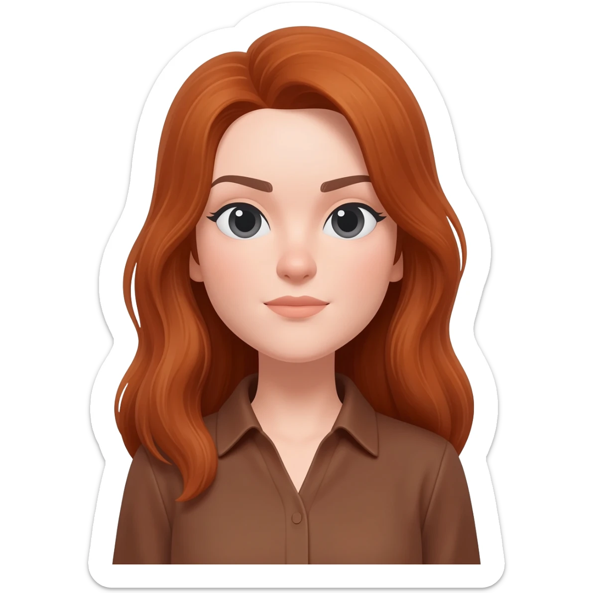 like the apple woman emoji, but with long auburn hair and pale lavender skin, wearing brown shirt sticker
