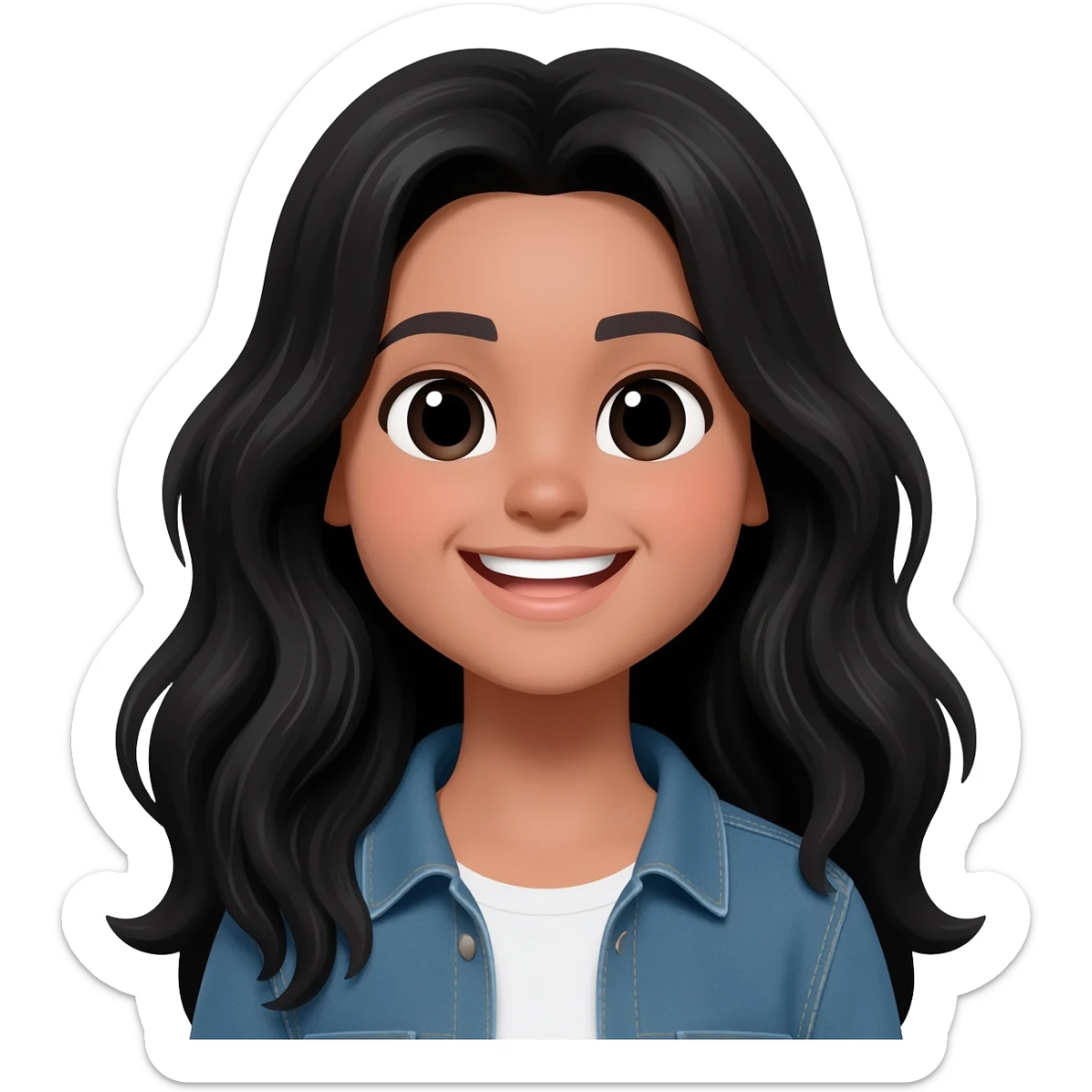 chica con pelo negro largo ondulado i ojos negros con ropa casual sonriente sticker