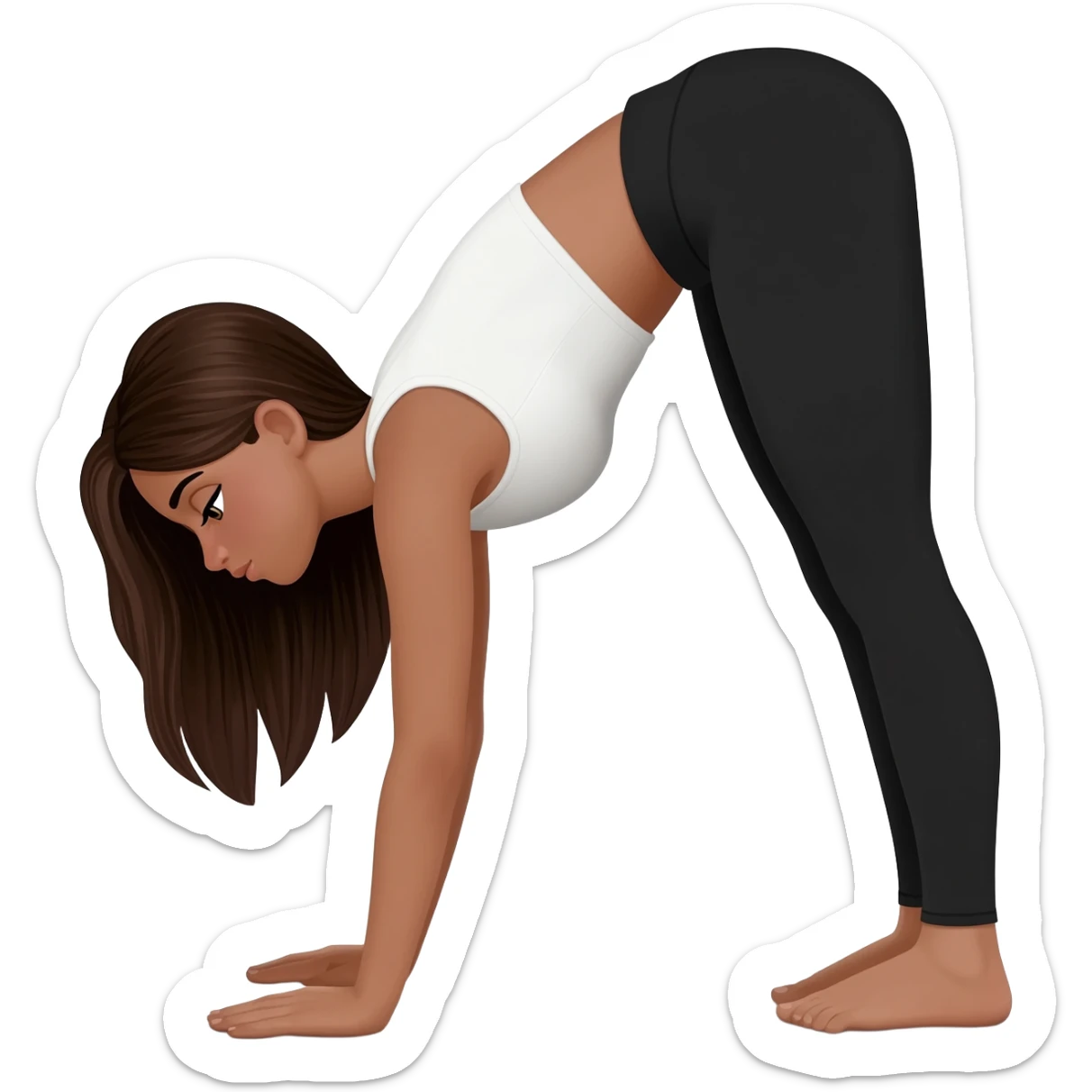Девушка белокожая с правильным пропорциями тела стоит в позе собака мордой вниз, только человек, с длинными темными волосами, в коротком белом топе, в черных лосинах, с черными ресницами sticker