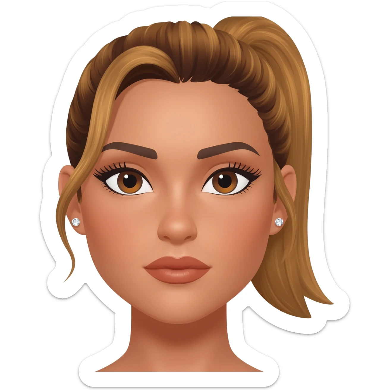 brunette with golden brown hair with dark brown roots in a high ponytail, dark brown eyes, medium brown eyelash color, full lips, small button nose, fair skinned like of olive color, with full eye lashes, diamond earring studs sticker