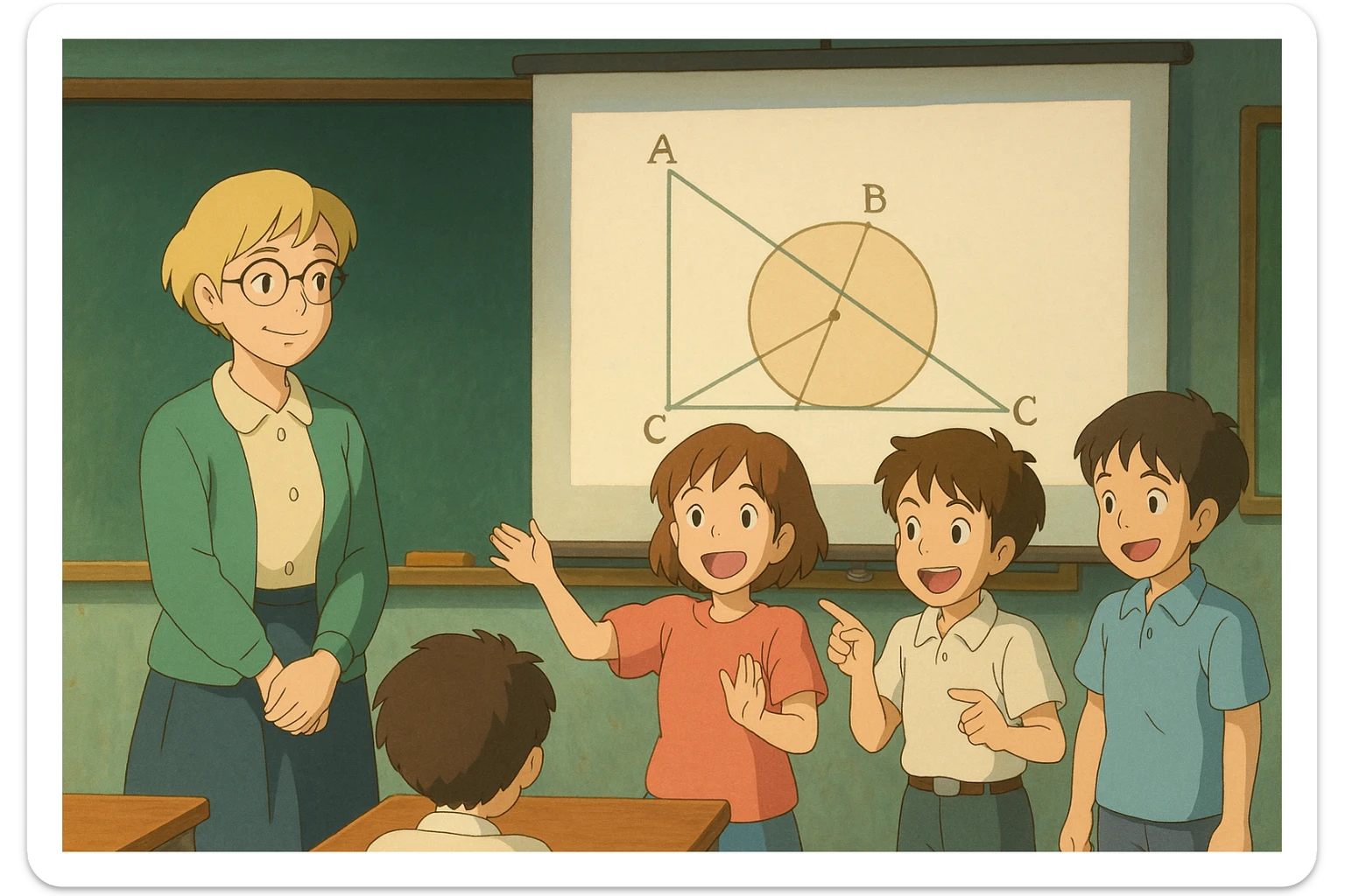 Clase de geometría: profesora rubia de pelo corto y gafas redondas, tres alumnos explican una diapositiva, ambiente alegre, estilo ghibli sticker