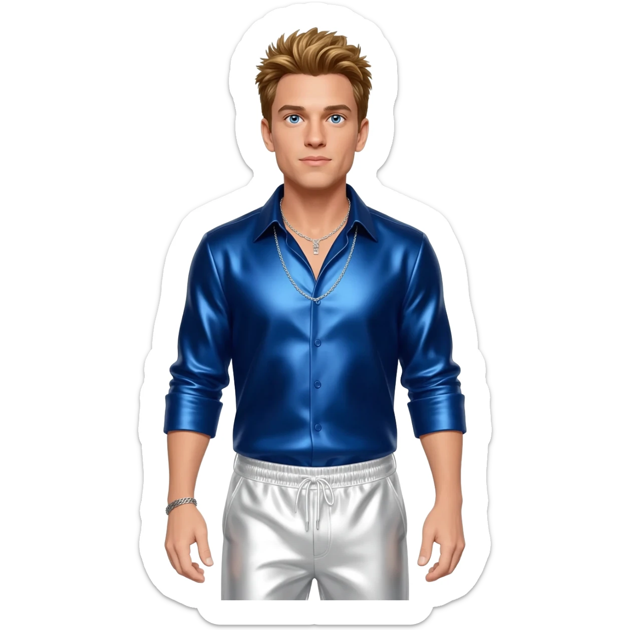 Joey McIntyre from NKOTB with blue eyes, golden brown hair, indigo metallic shirt, white metallic baggy pants, silver necklace sticker