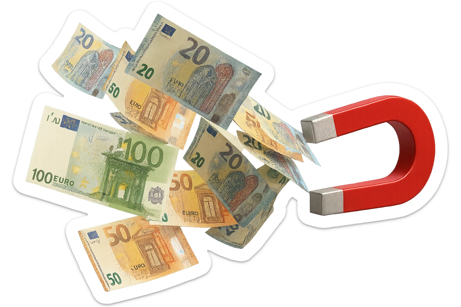 banconote di euro fluttuano vicino ad una calamita rossa, sono attratte, iperrealistico 4k sticker
