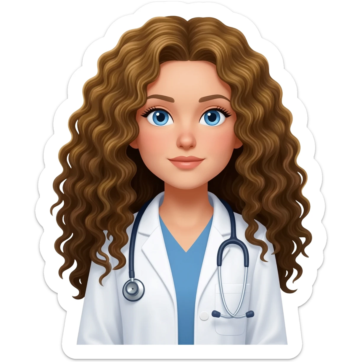 Female doctor with LONG very CURLY dark blonde hair, blue eyes sticker