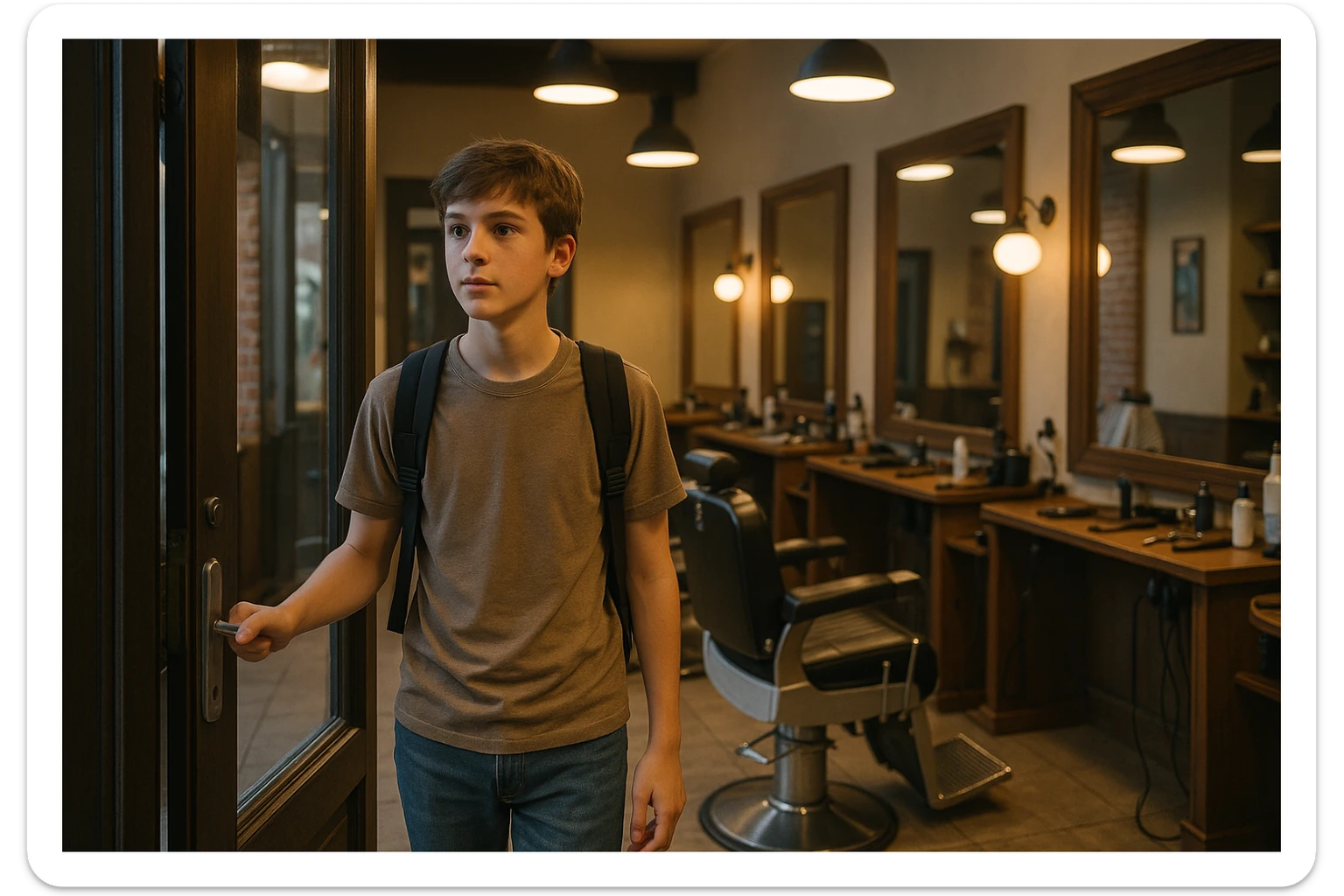 Sartaroshxonaga kirib kelayotgan o'smirin bola sartaroshxona eski ham emas yangi ham emas sticker