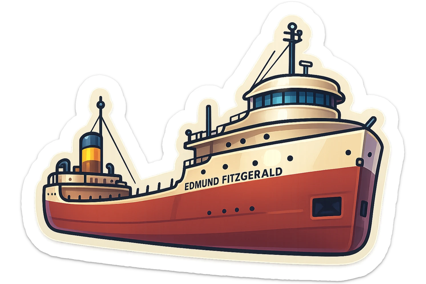 Create an emoji-style illustration of the Edmund Fitzgerald ship, preserving its unique shape and colors, with a simple or transparent background, in a retro stickers style. sticker