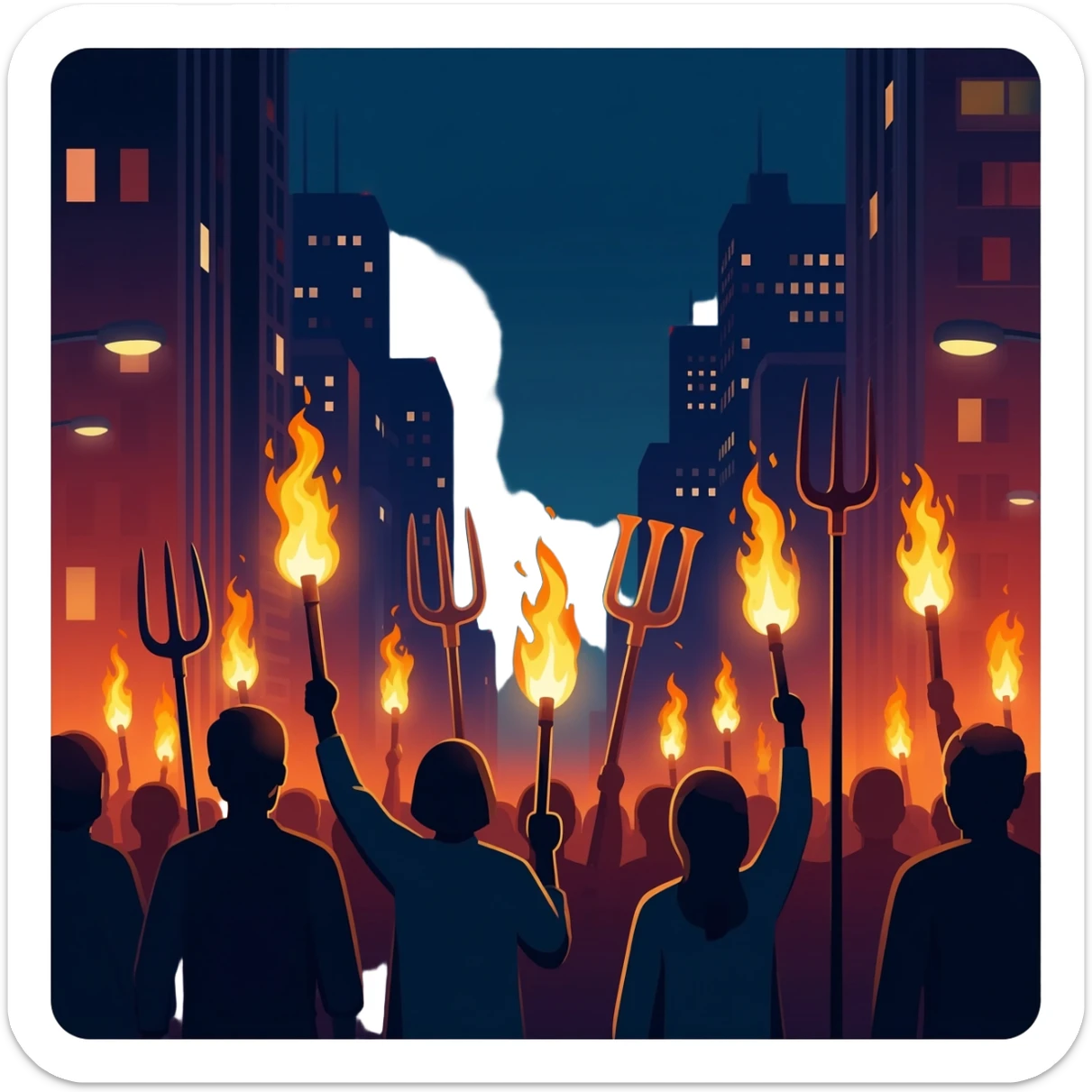 a protest with torches and pitchforks sticker
