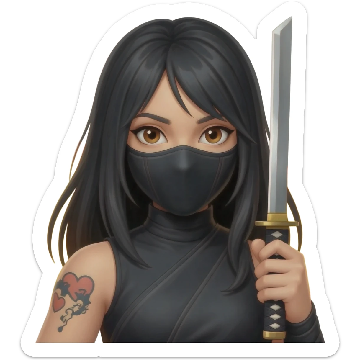 Girl, ninja, katana,fire, brown eyes, long hair, black hair, mask, left hands have heart for who. sticker