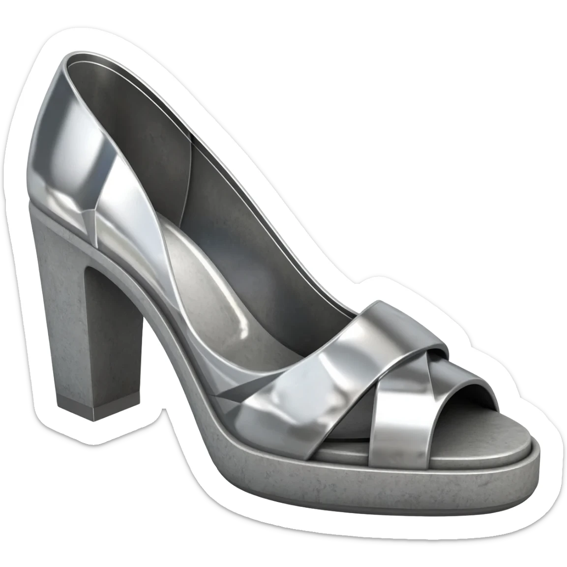 Minimalist 3D emoji based on image_e44ce5.png: massive polished chrome geometric 'M' raised metal relief, integrated central on deeply impressed bare heel in rough grey concrete. Harsh shadows, high contrast sticker