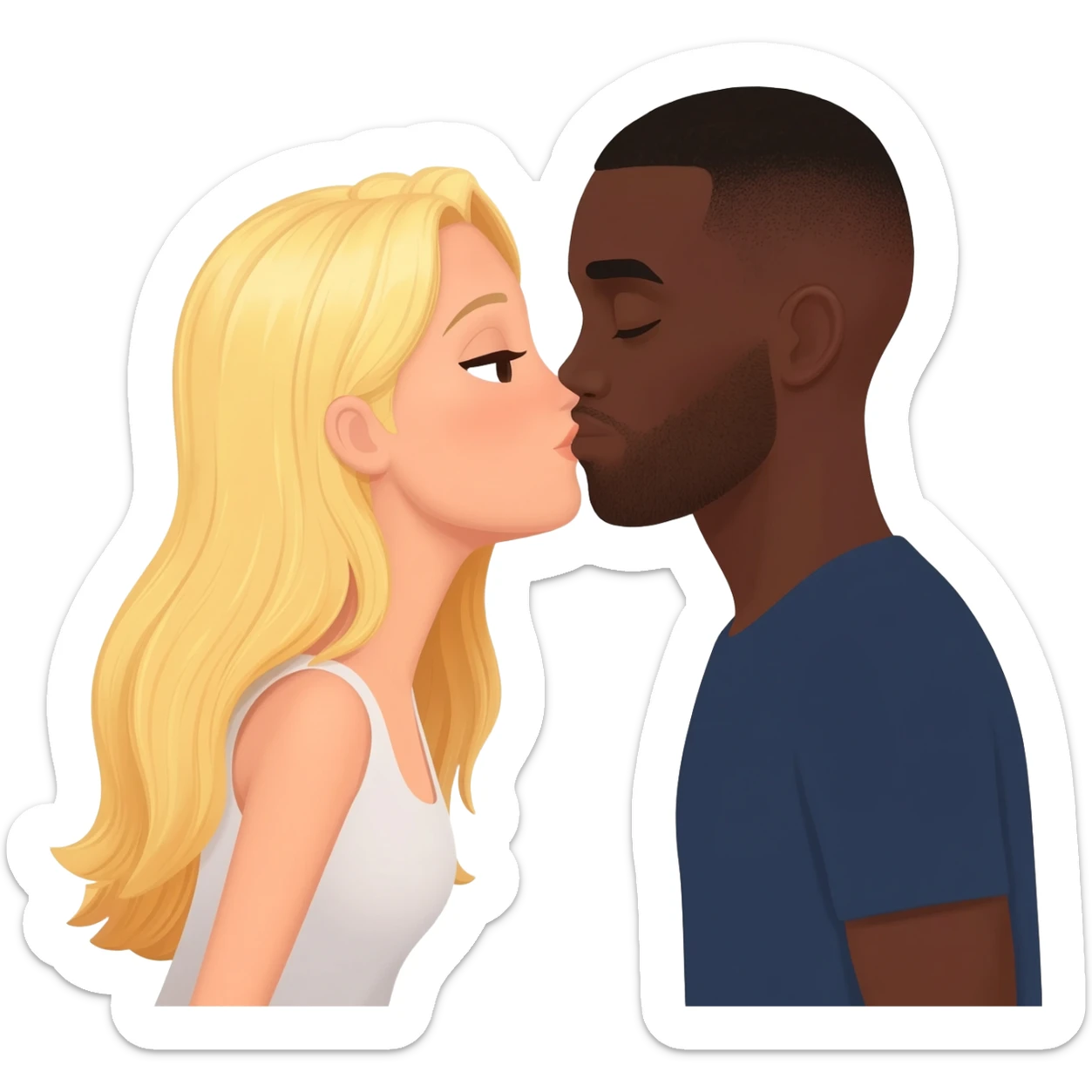 Blonde woman kissing black man with shaved head sticker
