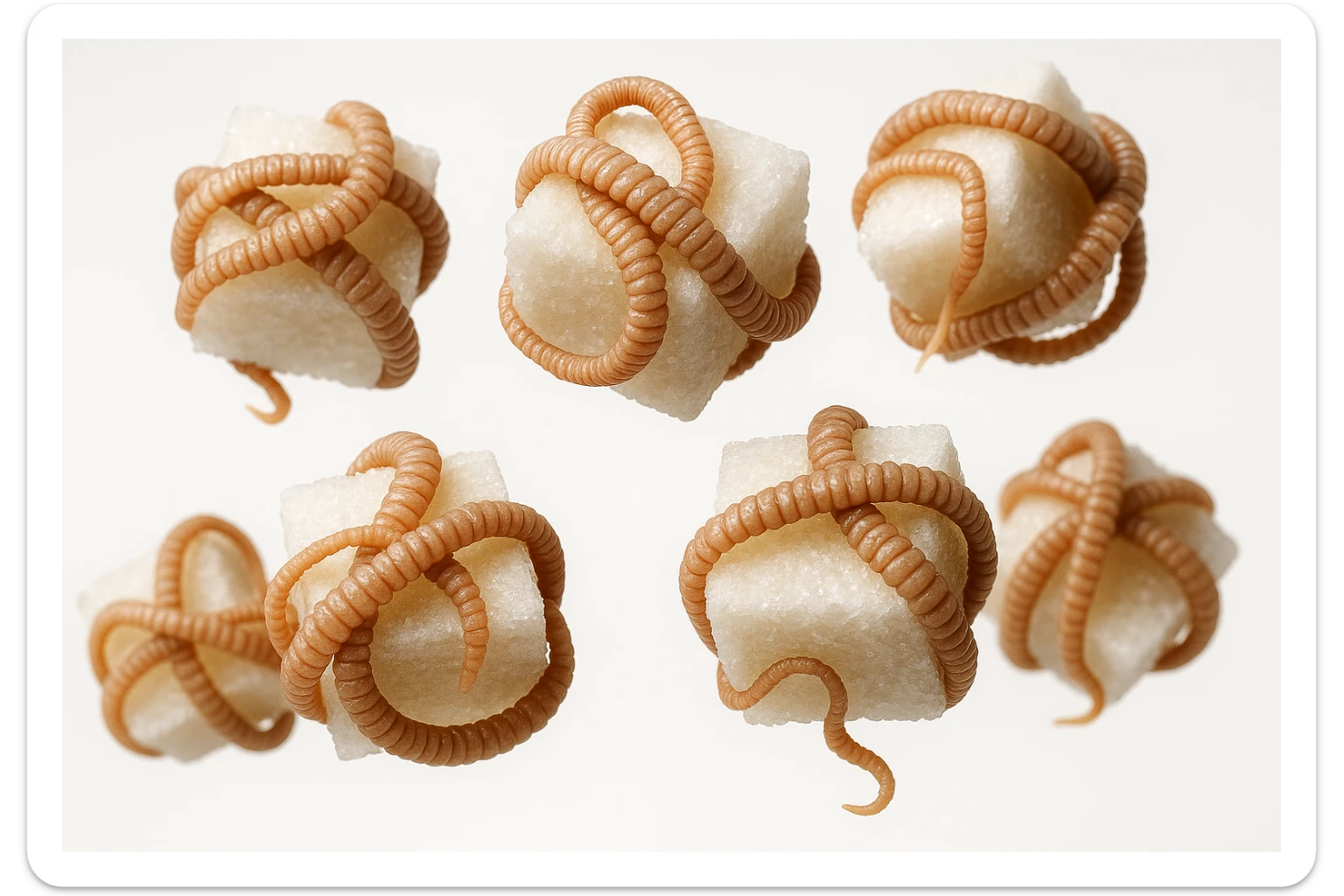 ZOLLETTE DI ZUCCHERO CON PARASSITI TIPO LA TENIA ARROTOLATE INTORNO AD OGNI ZOLLETTA, FLUTTUANO IN ARIA SU SFONDO BIANCO, IPERREALISTICO 4K sticker