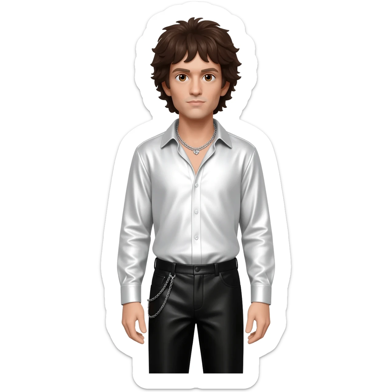 Keith Moon with brown eyes, dark brown hair, white metallic shirt, black metallic baggy pants, silver necklace sticker