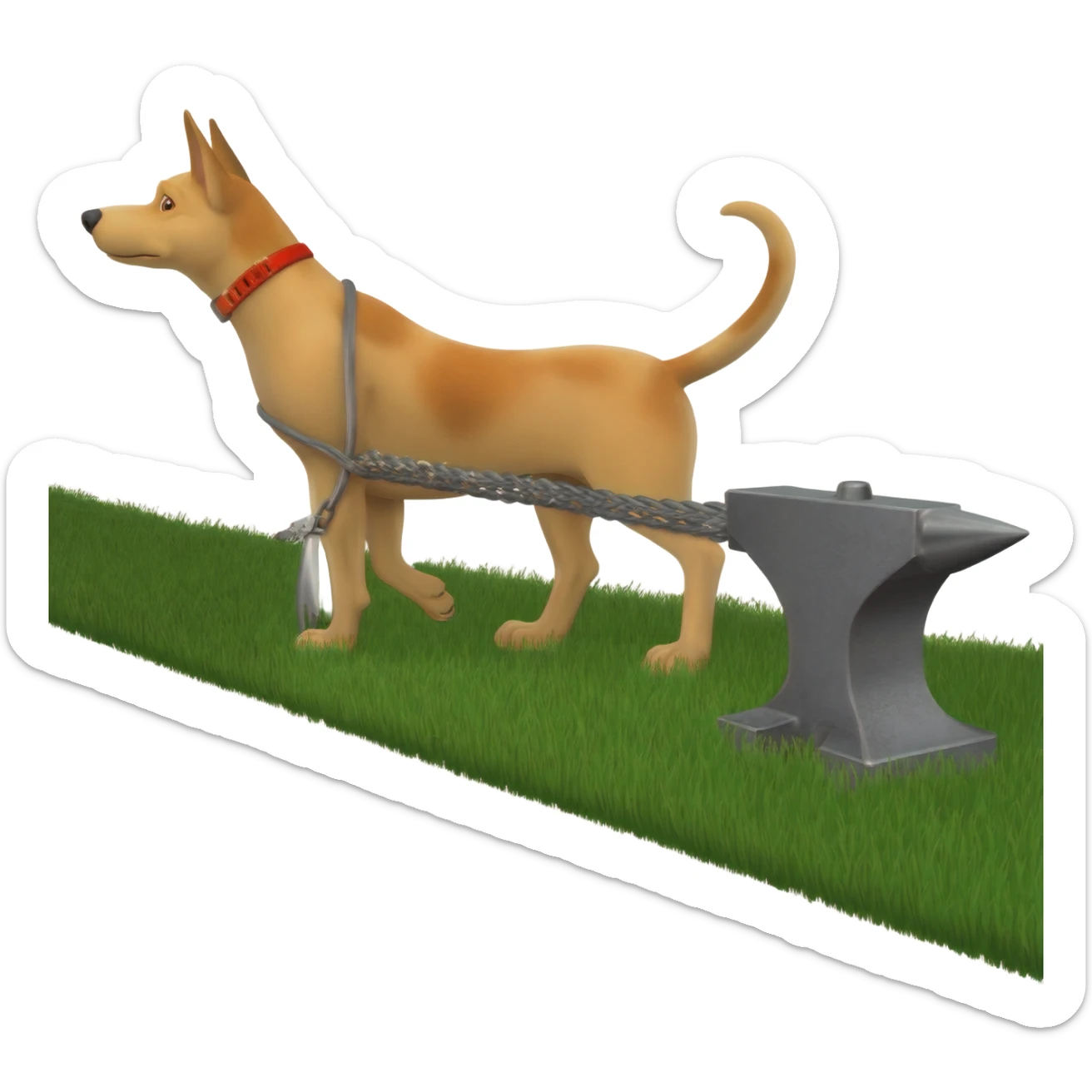 Pack hound standing on green grass pulling an anvil with an electric shaver cutting a path. showing a shaven  path along green grass by leads or chains. Show the shaver cutting the grass sticker