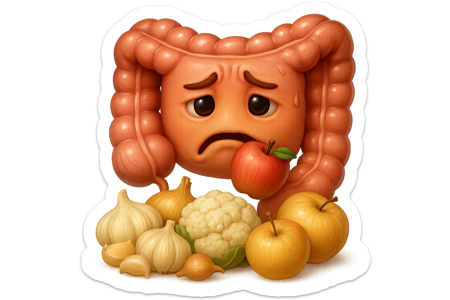 EMOJI STILE IPHONE DI UN INTESTINO UMANO IN CRISI PERCHé STA MALE, IN BOCCA HA UNA MELA E DAVANTI A LUI C'è UNA MONTAGNA DI aglio, cipolle, cavolfiore e mele, IPERREALISTICO 4K sticker