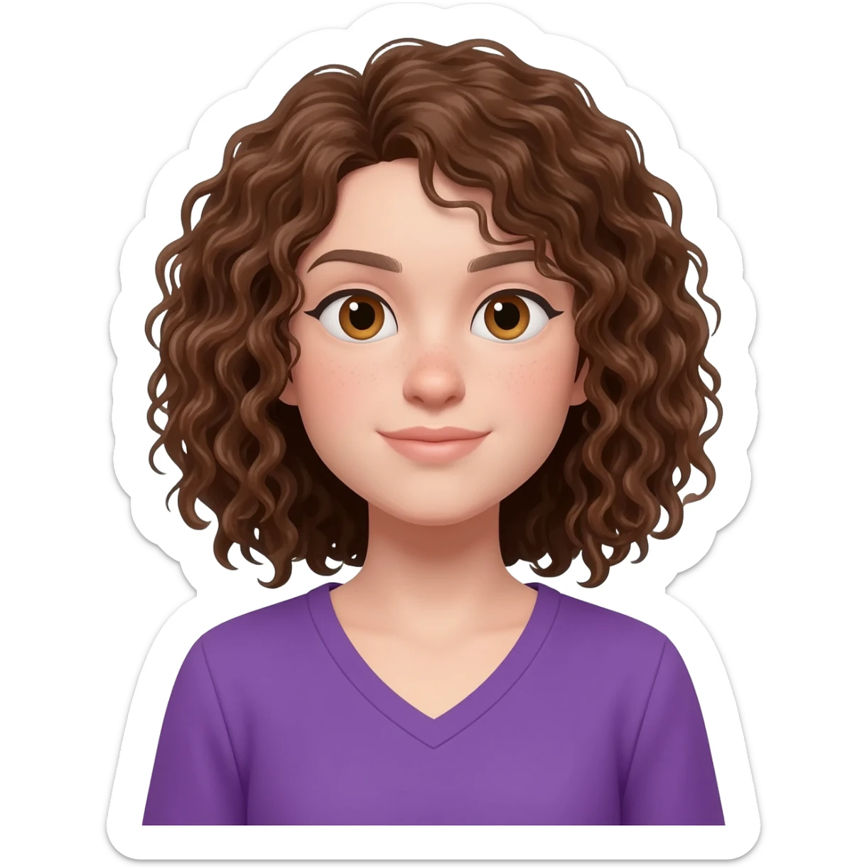 brown curly shoulder length hair, hazel eyes, pail skin, purple v-neck shirt sticker