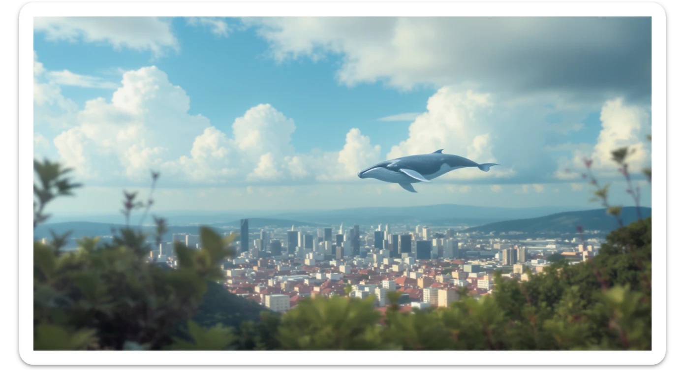A cinemaatic still of a city, blurred plants in the foreground, giant whales fly above city sky, rolling hills in the background, cinematic depth of field, layered composition, colorfull, blue sky sticker