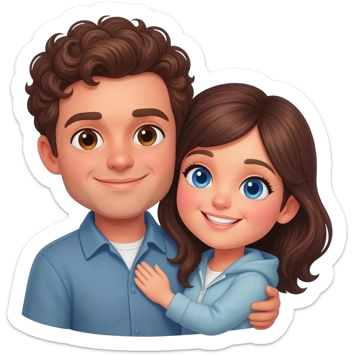 Cute brunette couple on a flight cuddling. Man has brown curly hair and woman has blue eyes and dark brown hair sticker