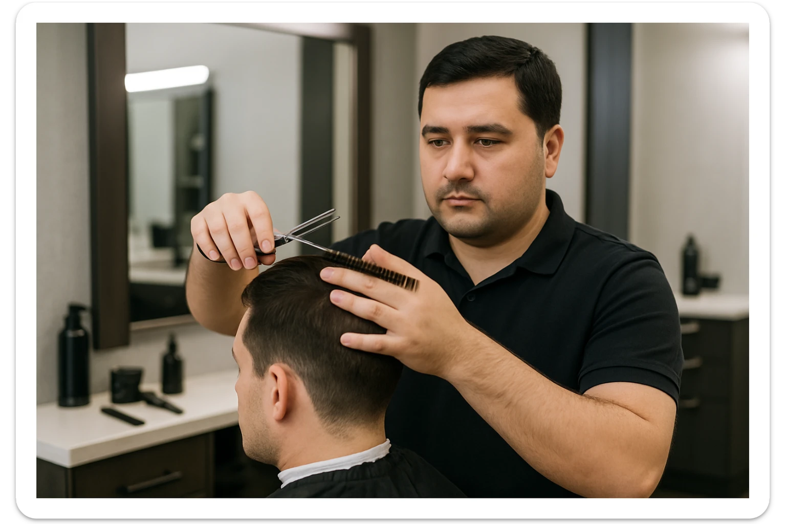 shu odamni sartaroshxonada mijozlarni sochini olayotganin  tasvirlab ber juda yosh ham katta ham bo'lmasin semiz ham bo'lib ketmasin o'smirin davrini yuzi ko'rinmasin sticker