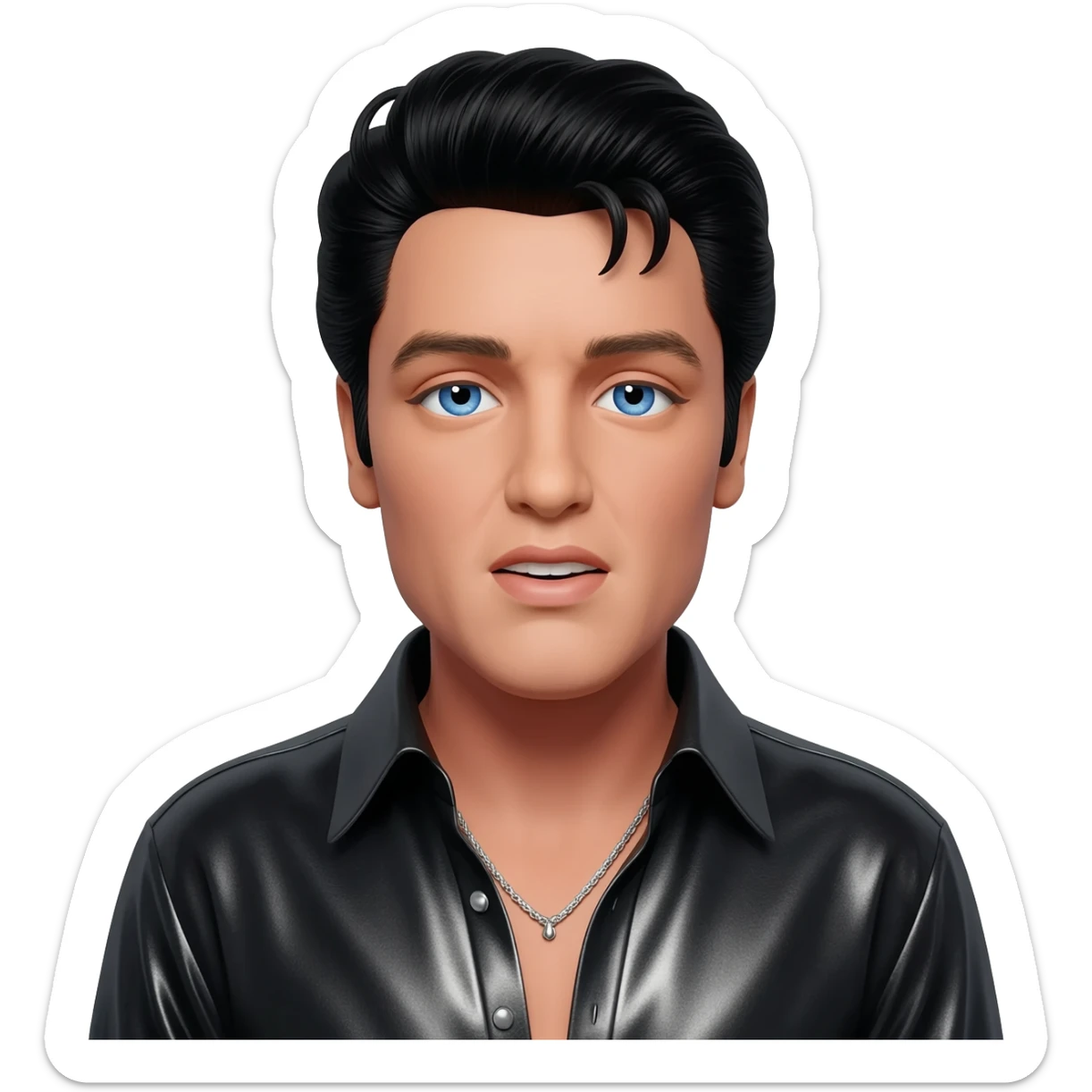 Elvis Presley with blue eyes, black hair, black metallic shirt, silver necklace sticker