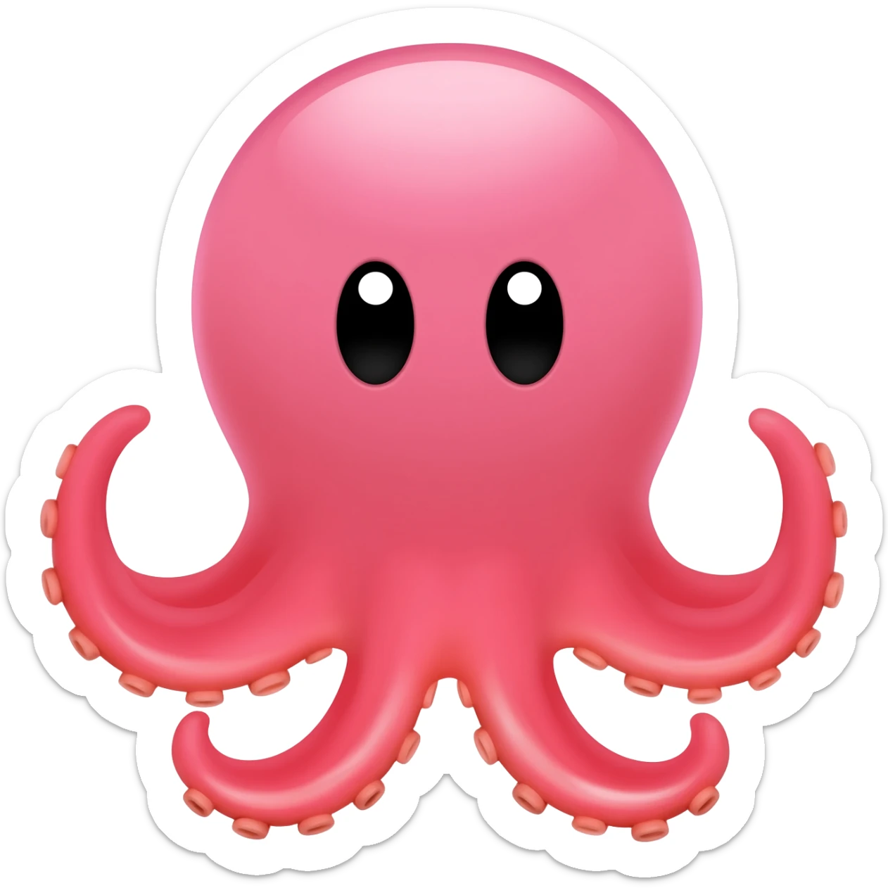 Un pulpo caricaturesco de frente, con cabeza grande y redonda rosada, dos ojos negros con brillo blanco, sin boca visible, parte inferior rojo-rosada y tentáculos curvados abiertos hacia los lados. 🐙 sticker