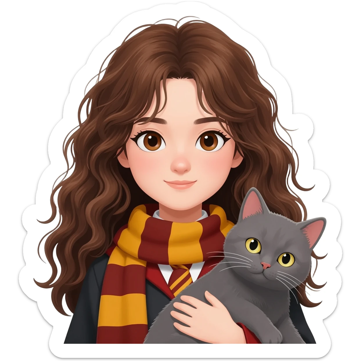 asian ravenclaw girl students with long brown messy wavy hair and brown eyes, holding a gray cat sticker