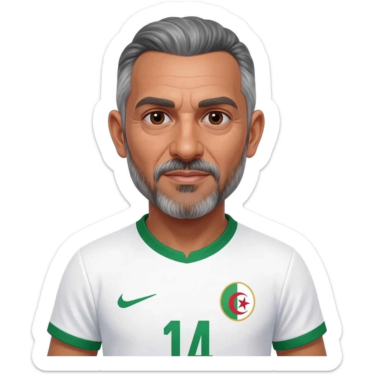 homme métisse algérien peau claire yeux marrons 60 ans cheveux gris avec barbe avec maillot blanc et vert foot Algérie sticker