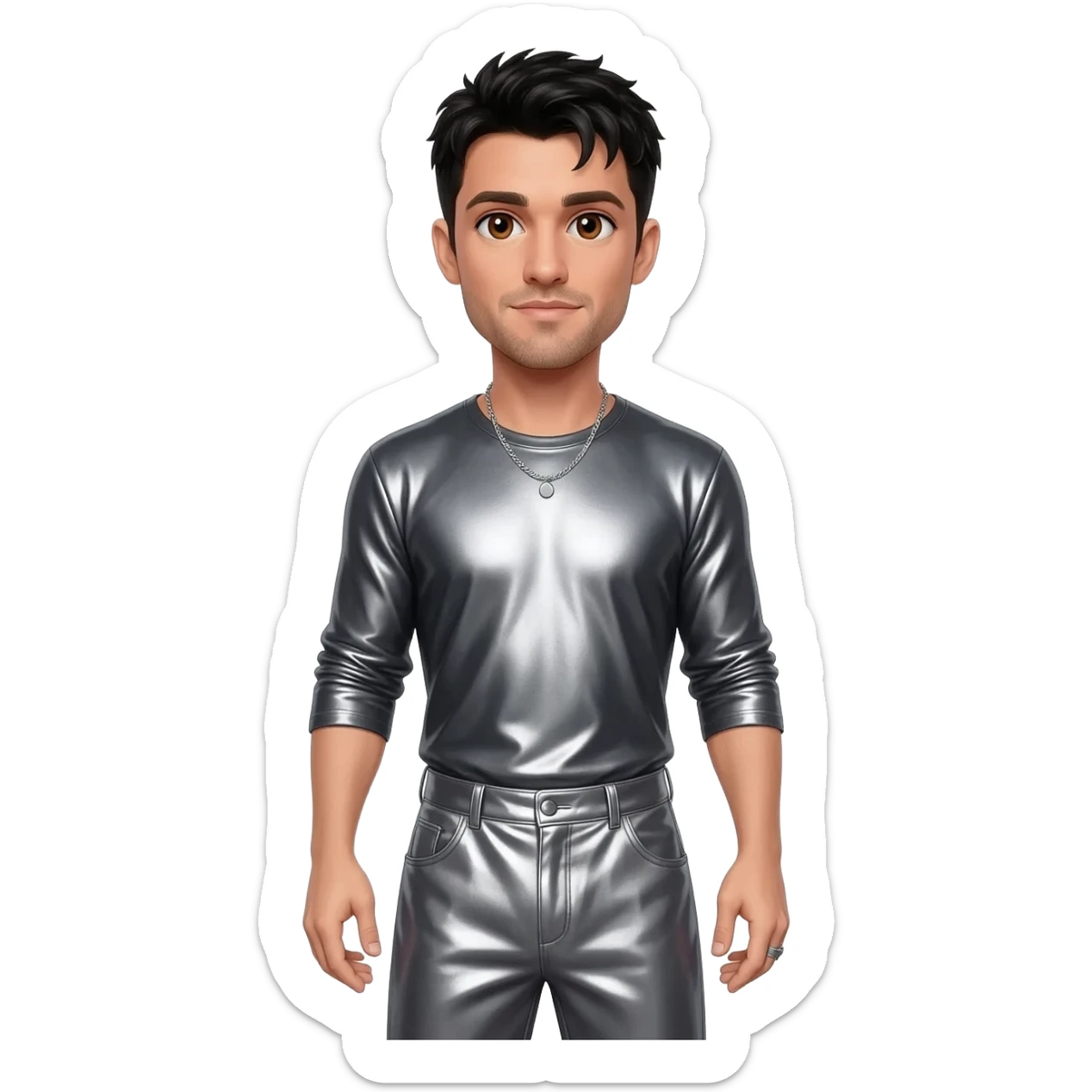 Chris Kirkpatrick from NSYNC with brown eyes, black hair, charcoal metallic shirt, charcoal metallic long baggy pants, silver necklace sticker