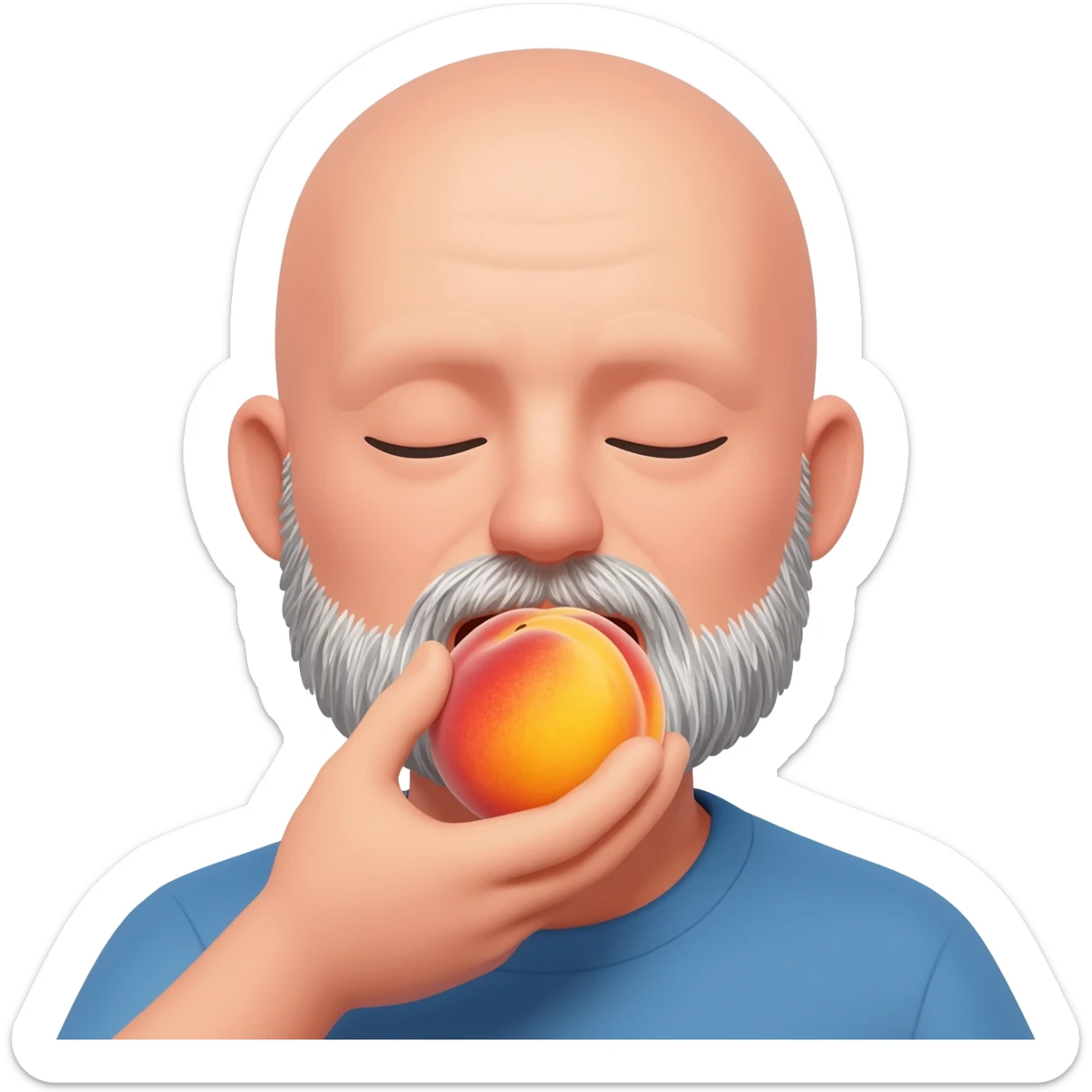 Bald guy with salt and pepper beard sucking on a very juicy peach sticker