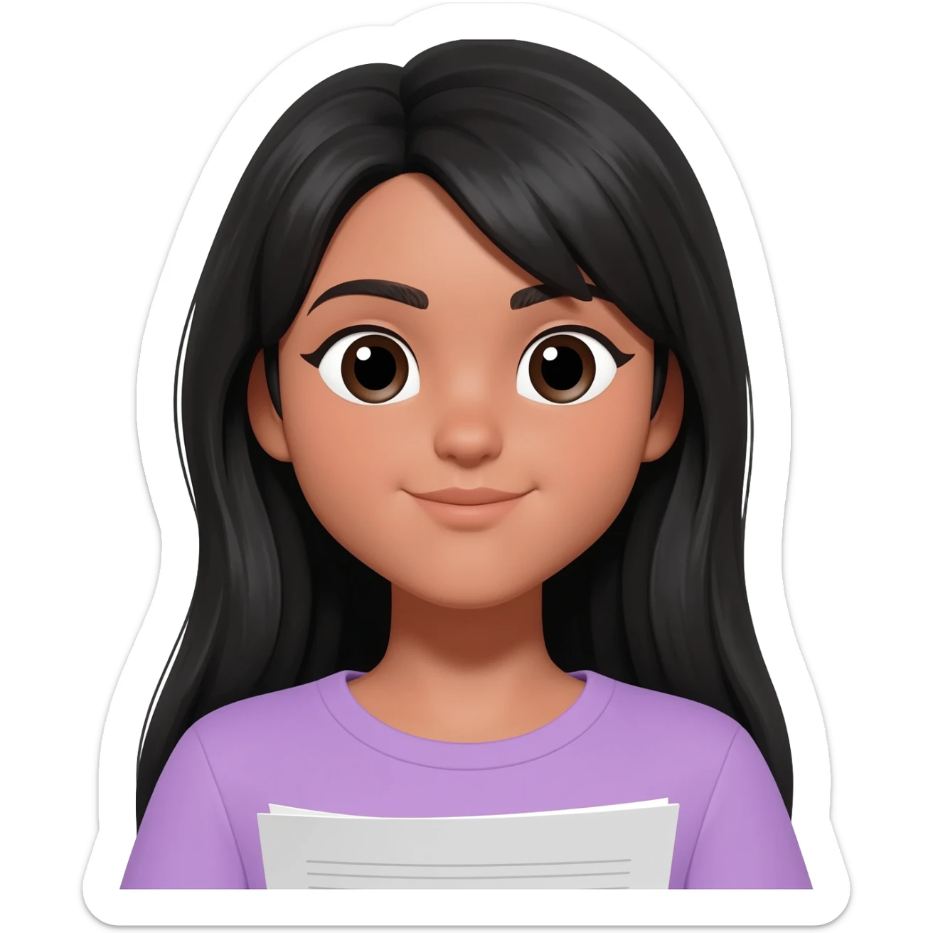 girly lilac t shirt light tan , long black hair girl no bangs writing on paper sticker