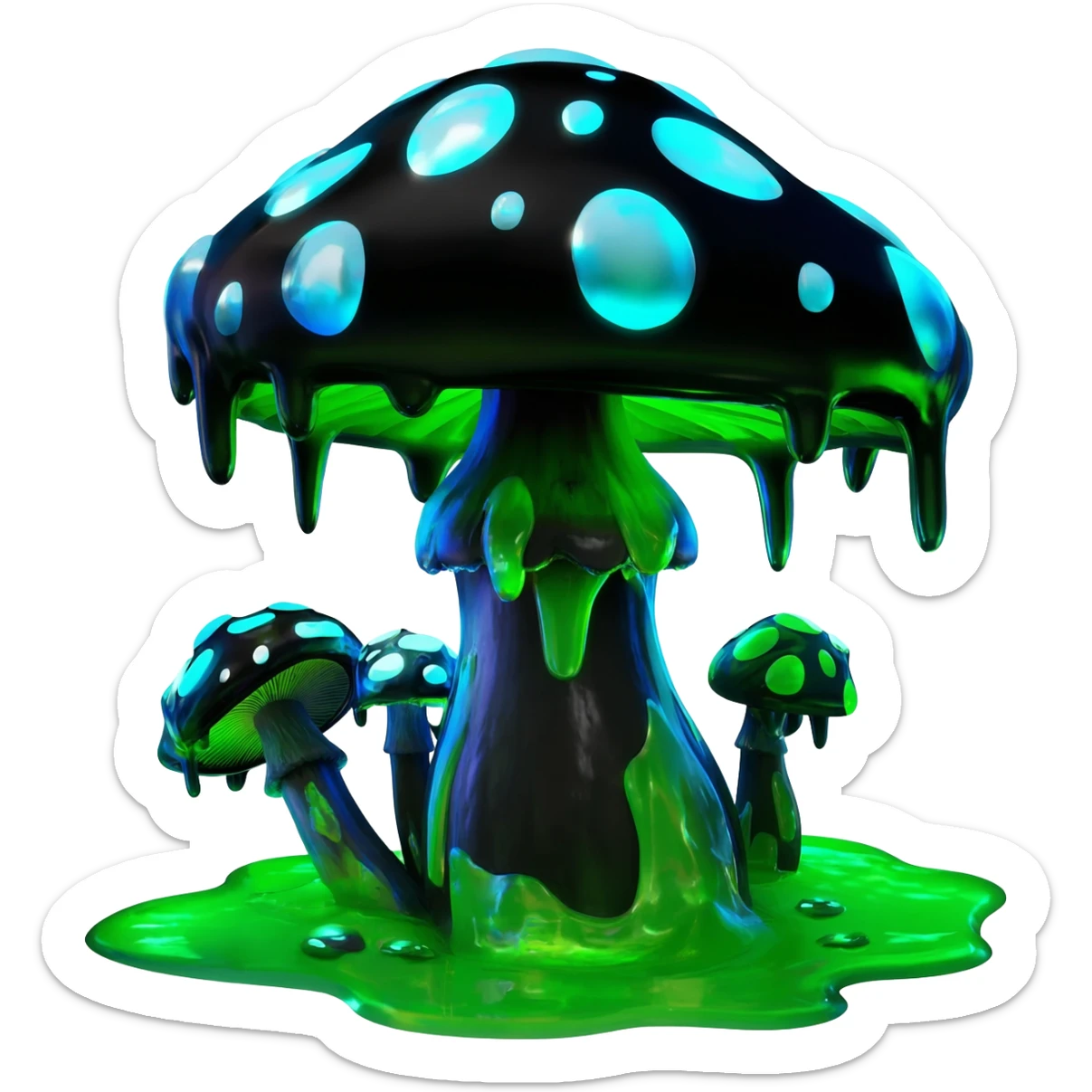 Black and cyan and blue and neon green bioluminescent shiny glowing ET gooey shroomy plenty icky sticky muddy swampy spore flower  sticker
