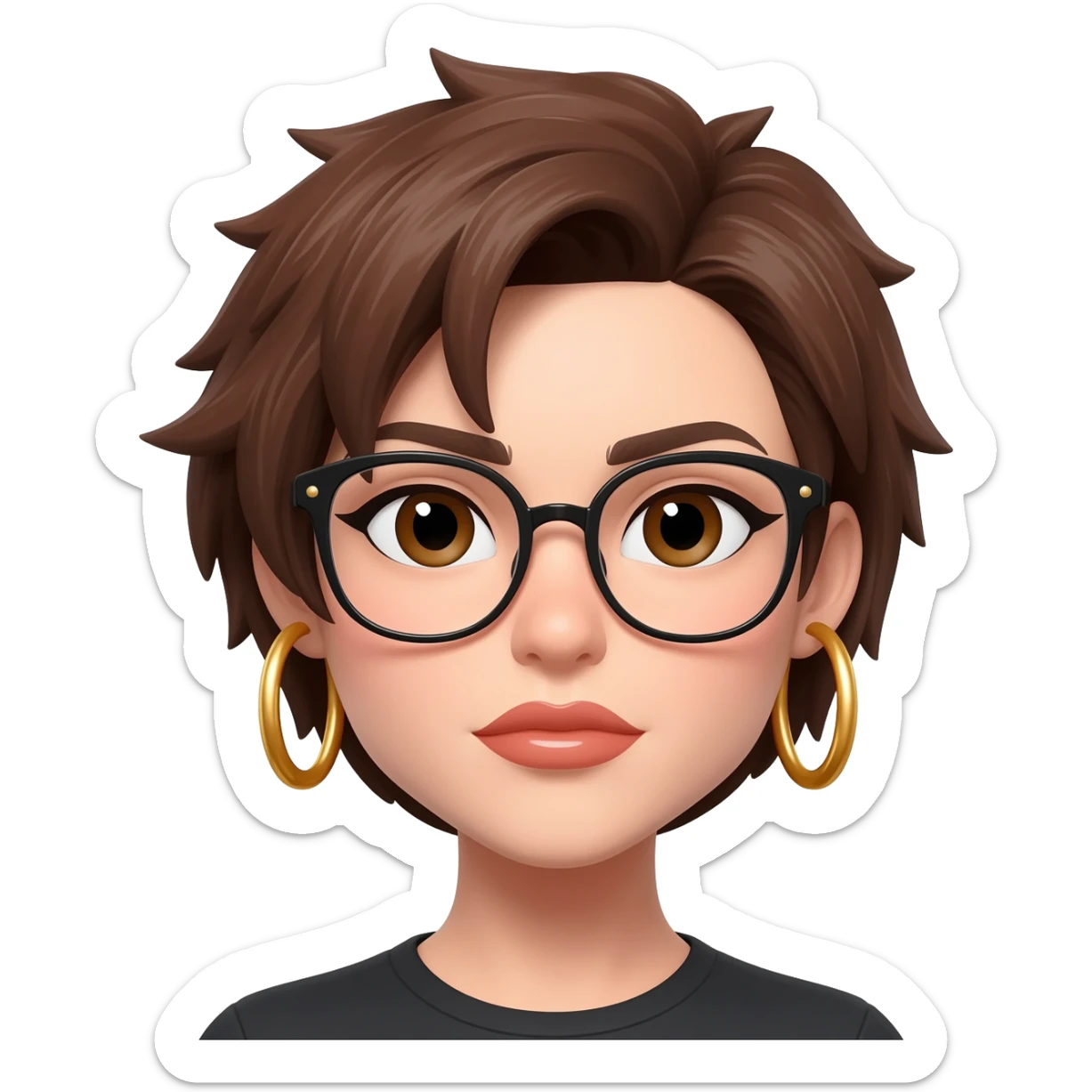 Female very very short brown hair few spikes gold hoop earringsbrown eyes hoop earrings hoop earrings glasses full lips sticker