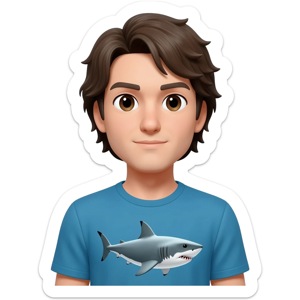 a handsome man with medium hair wearing a t-shirt with a shark image on it. sticker
