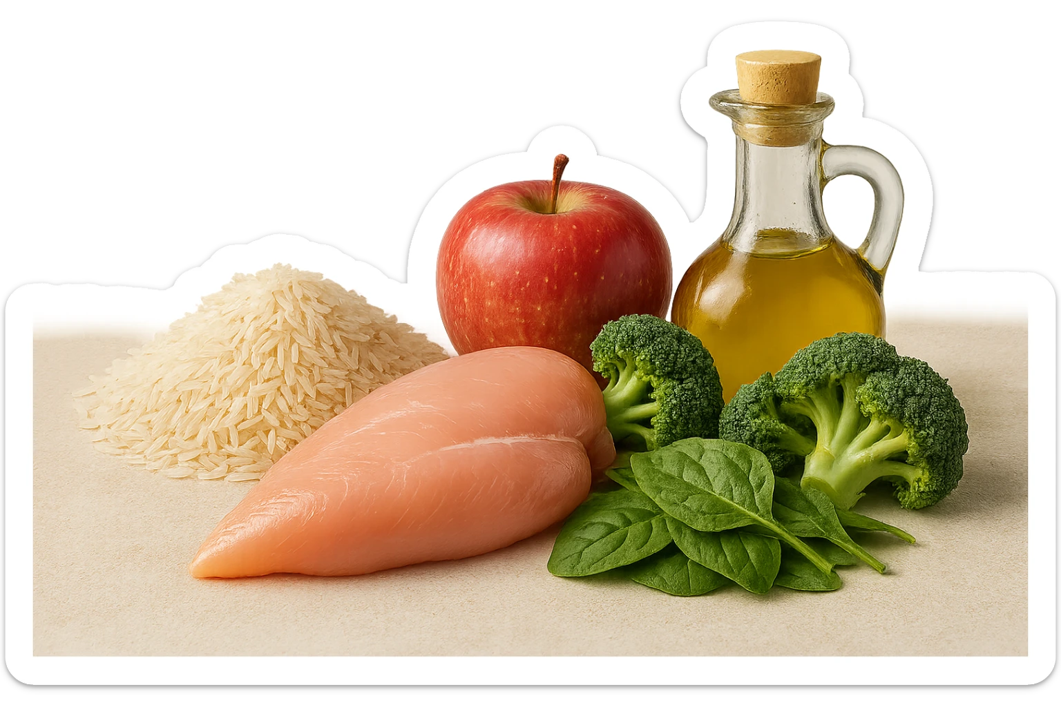 Riso basmati
Petto di pollo
Verdura fibrosa verde
Olio EVO
Mela
poggiati sul tavolo sticker