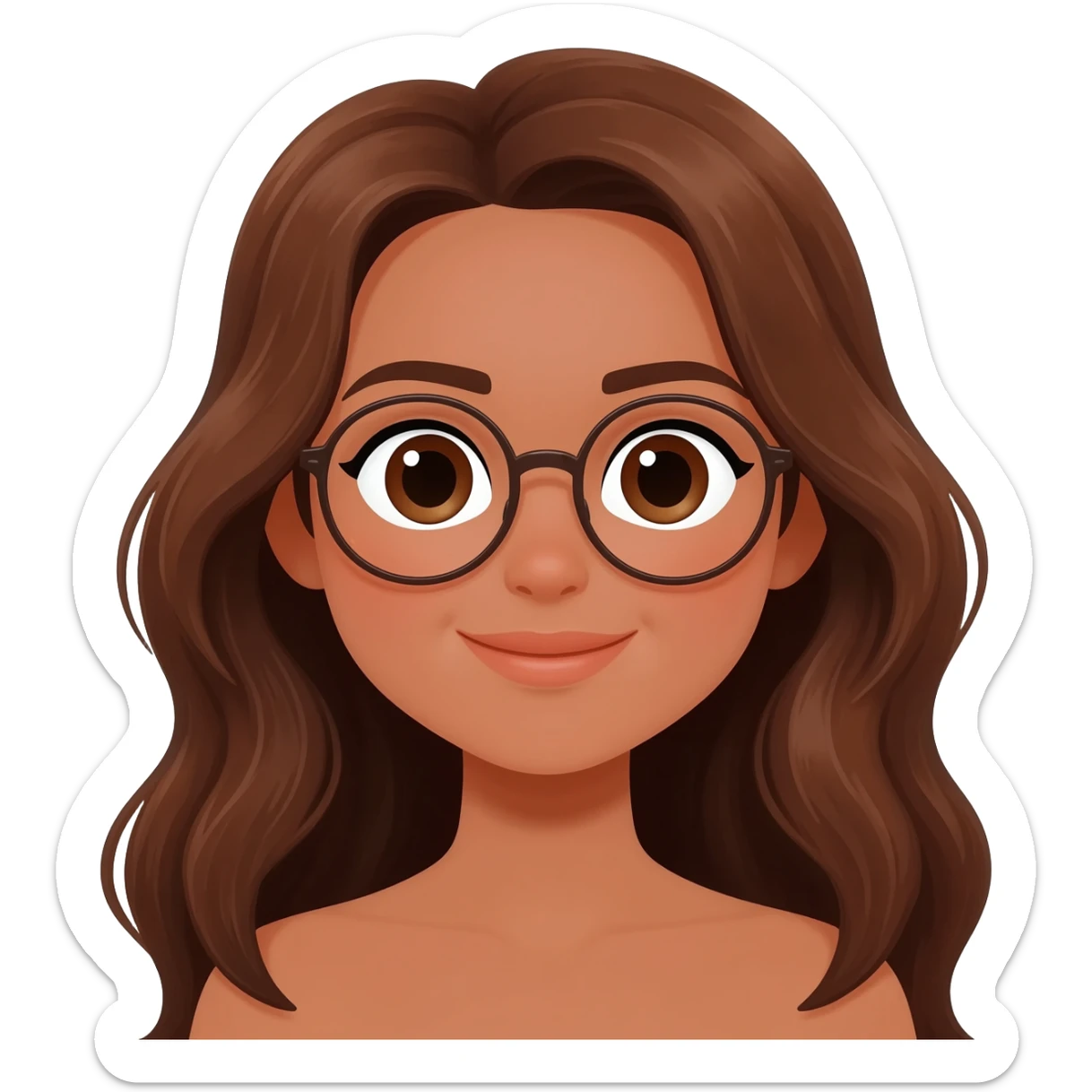 Faça uma menina de olhos grandes lábios um pouco fino, cabelos longos levemente ondulados castanhos com olhos castanhos pele morena e com óculos sticker