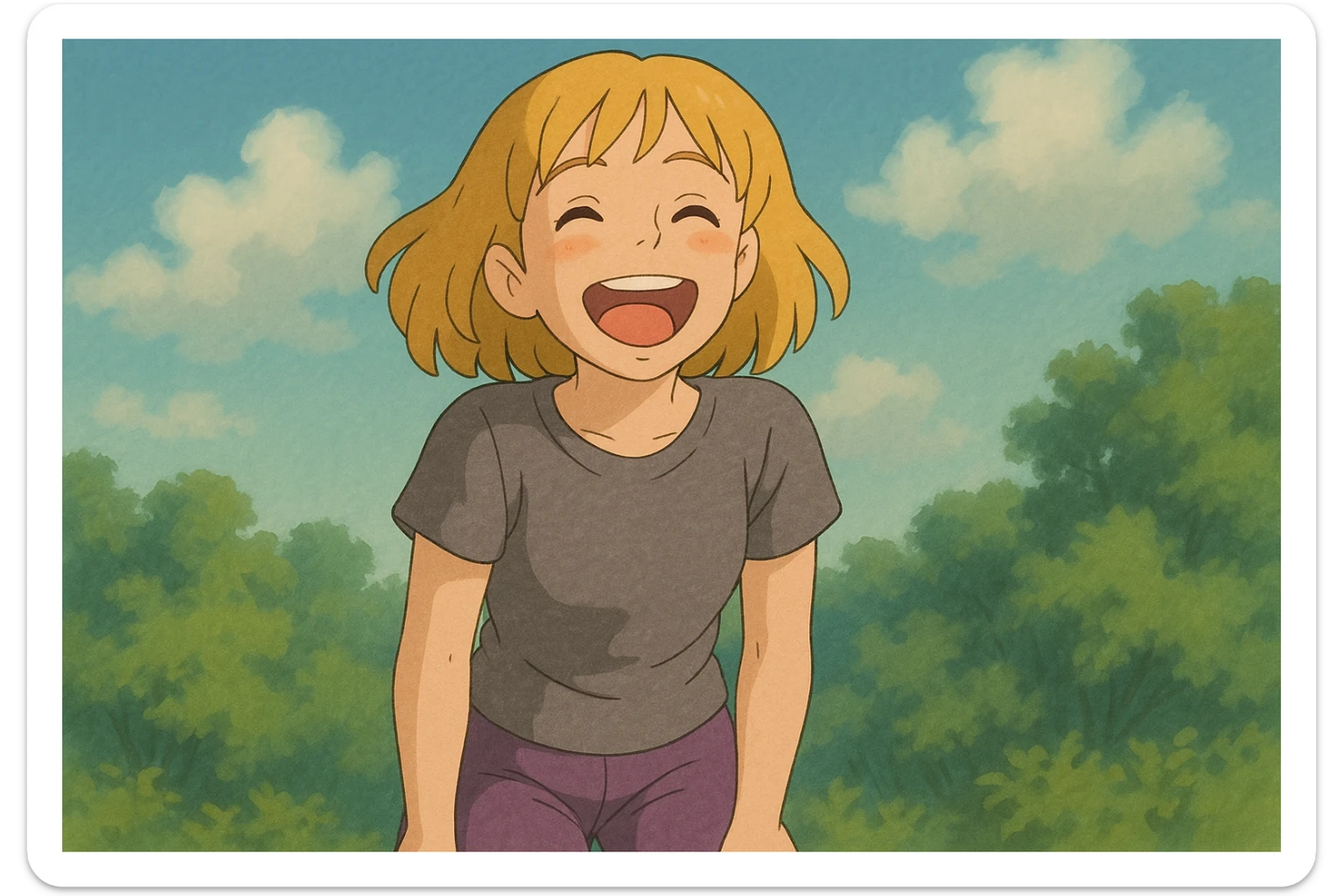 A girl yellow hair brown eyes grey Women's just t's short triblend t-shirt purple trousers laughing sticker