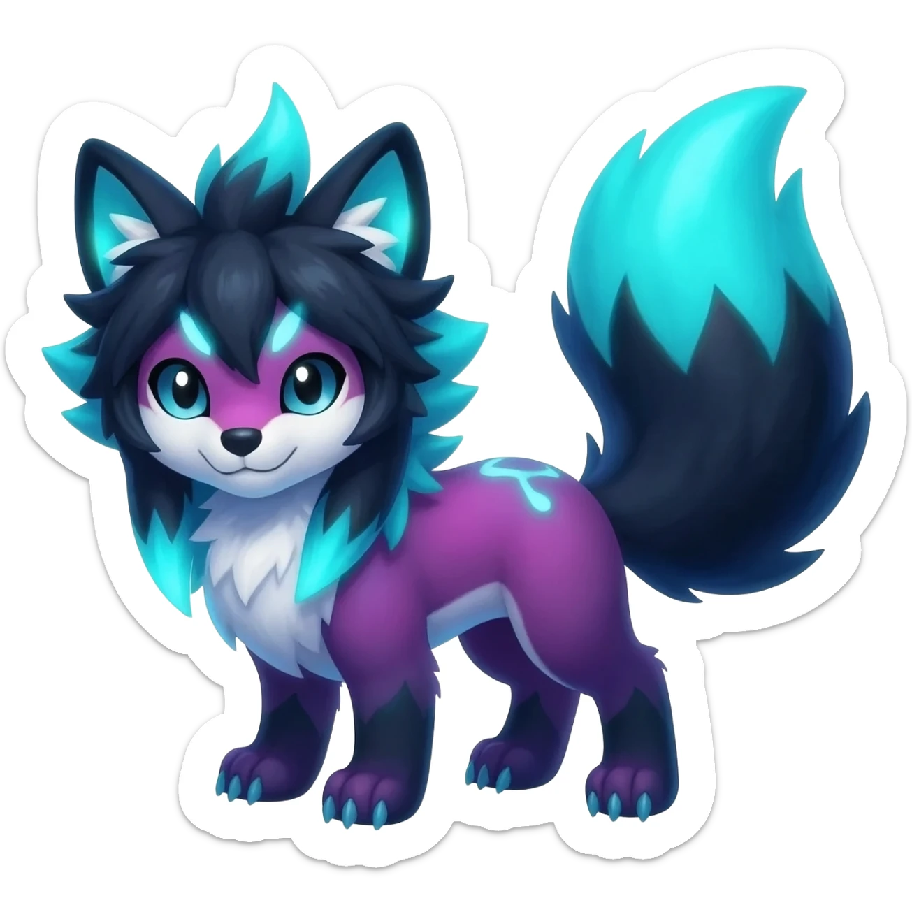 Colorful bioluminescent dark abysmal abyssal neon-glowing Trico-Sergal-Furret-Ferret-Wolverine-Vernid-furry-fursona-fusion-Fakemon-animal-hybrid-creature, full body sticker